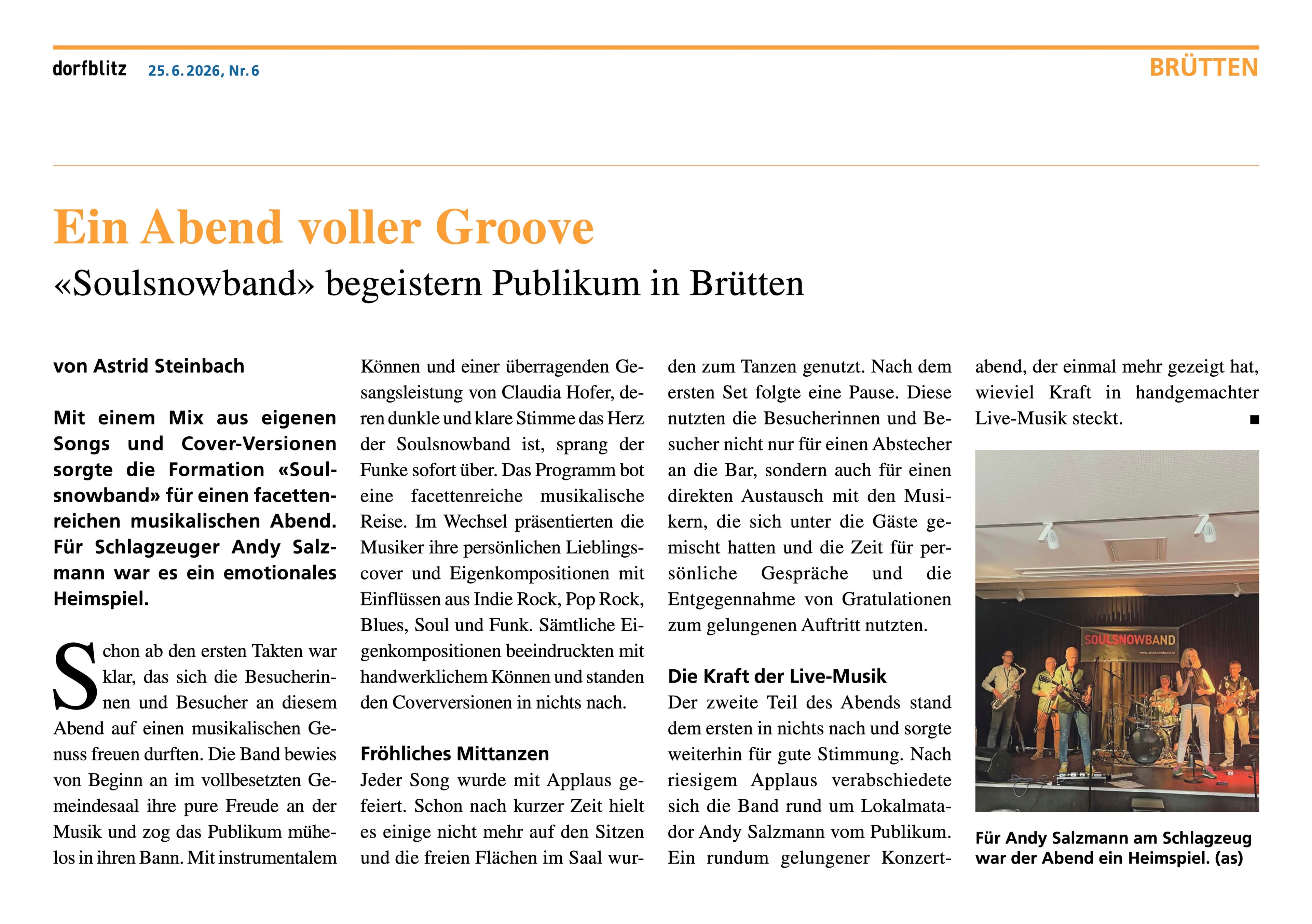 Zeitungsbericht Dorfblitz über das Konzert in Brütten